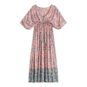 World Market Mira Palomar Terracotta And Blue Floral Kaftan Dress